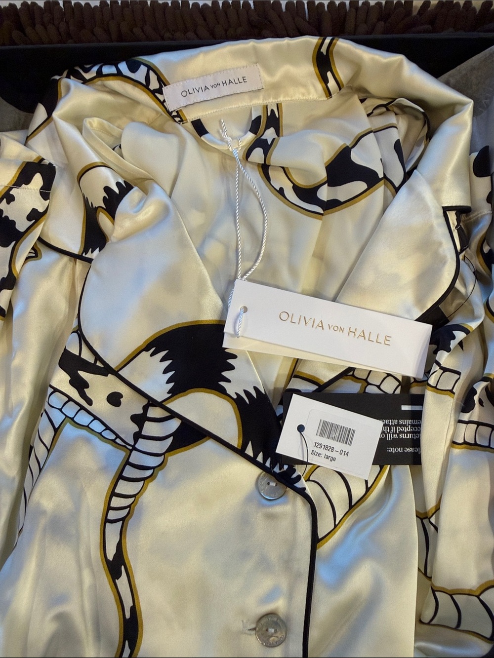 Olivia von Halle Cream Satin Pajama Blazer with Black & Gold Chain Print
